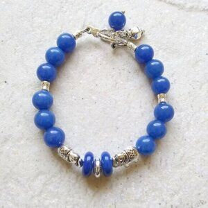 6.75" Blue & Silver Elephant Bracelet - Blue Jade Beads - Toggle Clasp